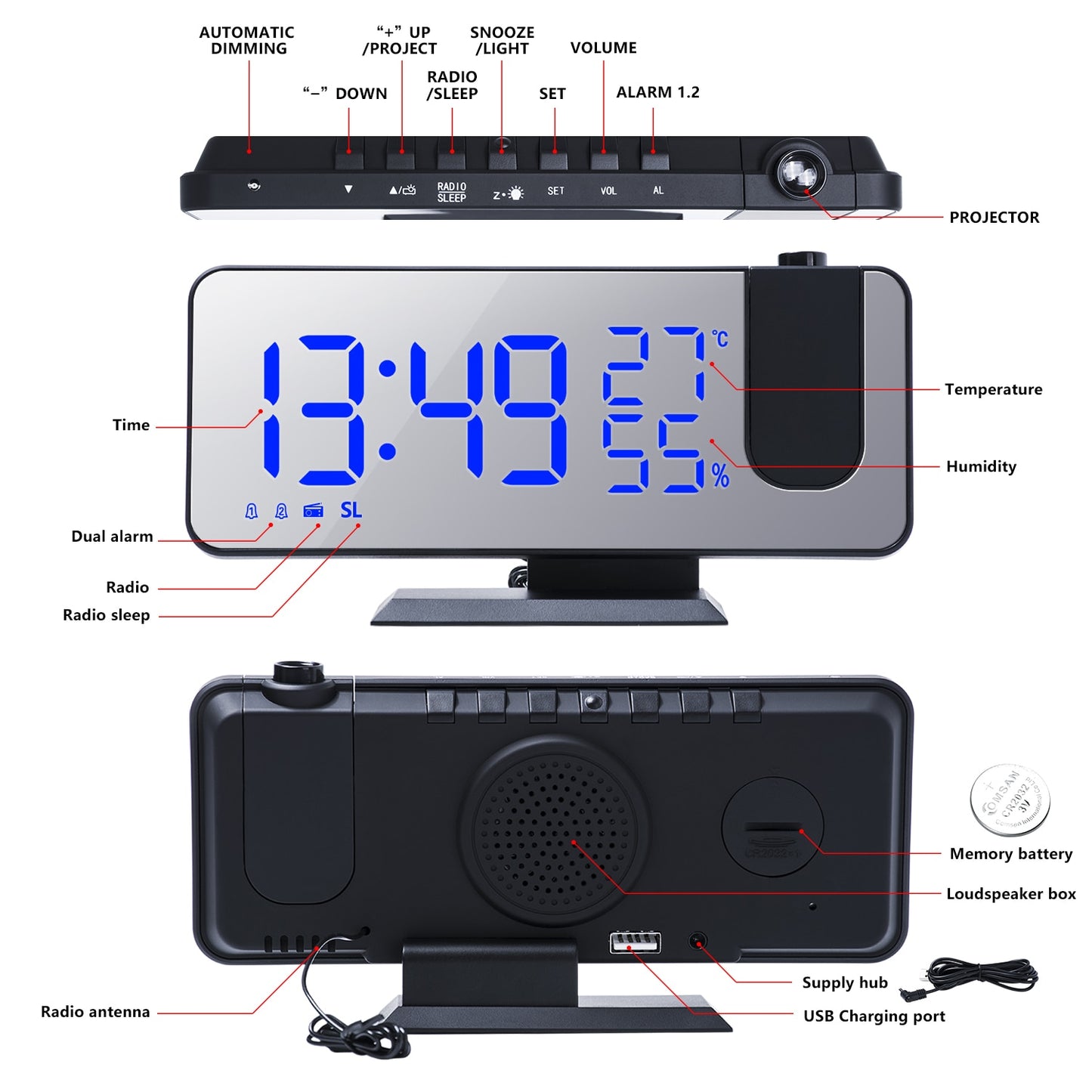 Smart Alarm Clocks with 180° Projection Time Snooze