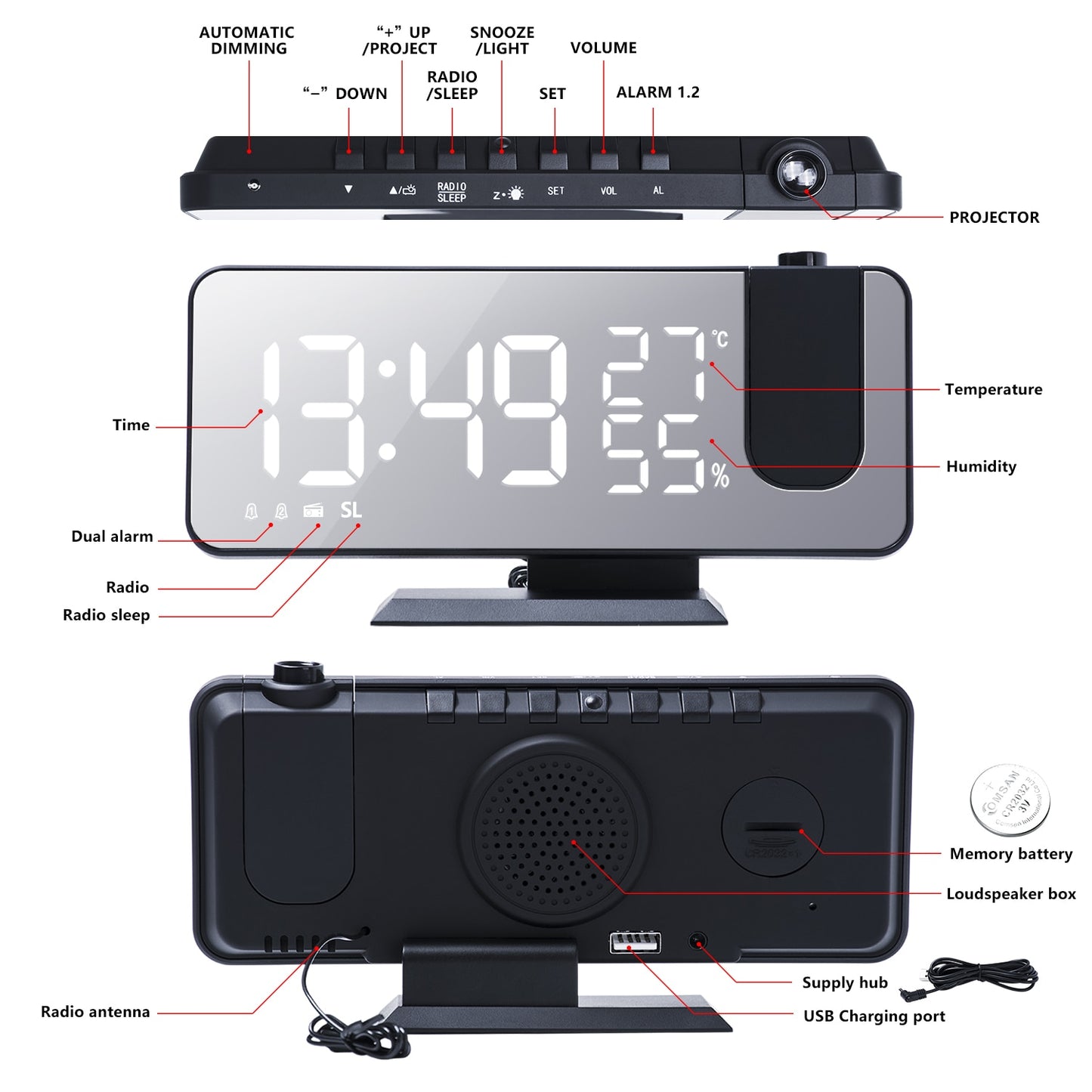 Smart Alarm Clocks with 180° Projection Time Snooze