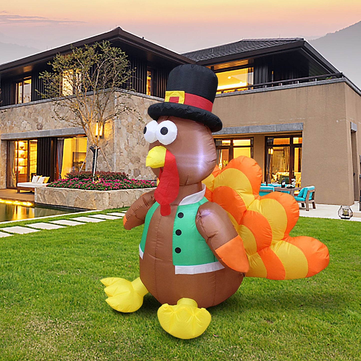 Happy Thanksgiving Inflatable Turkey with Pilgrim Hat LED Lights