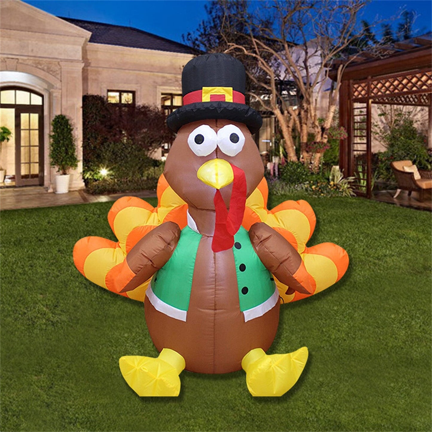Thanksgiving Inflatable Turkey with Pilgrim Hat, Built-in Rotating LED Colorful Lights Thanksgiving Autumn Decor, Blow up Lighted Outdoor Indoor Holiday Yard Lawn Decoration